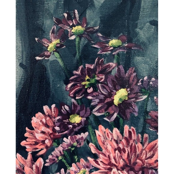 Floral Still Life Skull 20x24 Acrylic on Linen In Wood Mid century Modern Frame - Picture 4 of 7